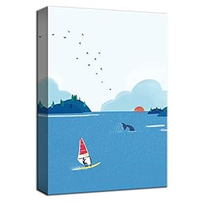 Canvas Wall Art Sail Boat Whale Birds in Sunset Painting Artwork for Home Decor Framed - 12x18 inches