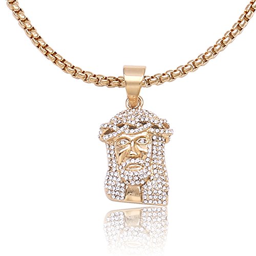 20"-30" Men's Stainless Steel Gold Tone Color Religious Cathlic Christian Jesus Head Piece Pendant with 3.5mm Round Pearl Box Necklace Chain (20 Inches)
