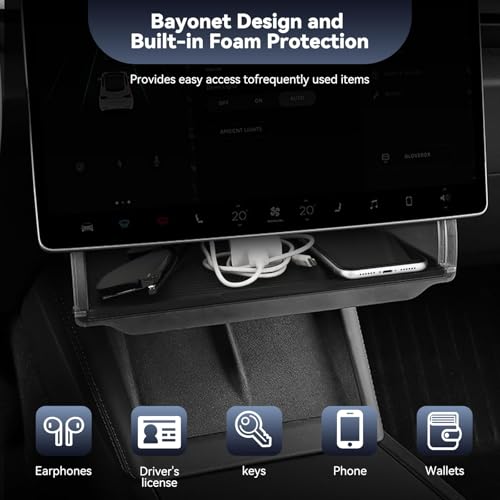 Under Screen Storage for Tesla 2025-2026 Model Y Juniper & 2024-2026 Model 3 Highland, Open and Close Center Console Organizer Tray with Anti-Slip Silicone Pad for New Tesla Model 3 Model Y Accessorie