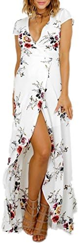 INSPOP Women's Button Up Split Floral Print Flowy Party Maxi Dress(White_XL)
