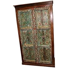 Mogul Interior Antique armoire Rustic Christmas Green Blue Bohemian Painted Distressed Cabinet Rustic Chest Wardrobe Statement Decor Storage