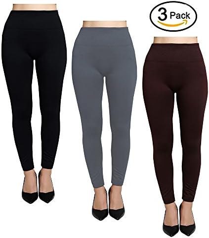Womens Leggings Fleece Lined,High Waist 3 Pack (Black, Gray, Brown), Basic Elastic Ankle Legging, (One Size)