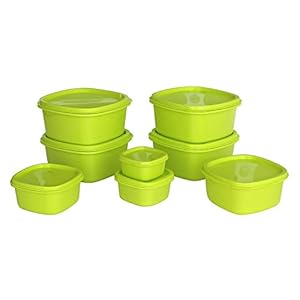Princeware – 5708-GN Store Fresh Square Plastic Container Set, 8-Pieces, Pista Green