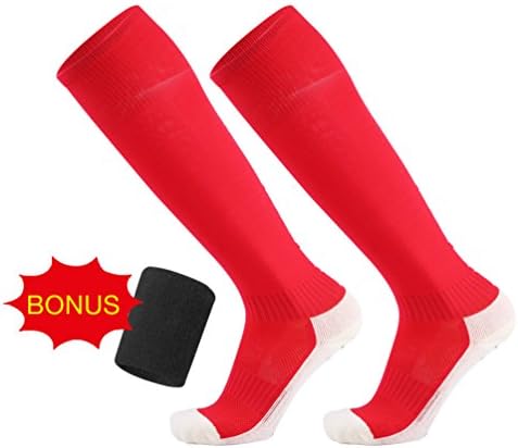 Wbeng Soccer Stocking Knee High Anti-Slip Breathable Long Socks Sports Basketball Stocking for Man with BONUS Wrister Support-red