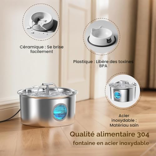 Fontaine a Eau Chat INOX: Fontaine à Eau pour Chats - 2.6L Fontaine a Eau - Fontaine Eau Chat Silencieux - Convient aux Chats, Chiens et Autres Animaux de Compagnie