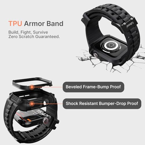 Fullmosa Compatible with Apple Watch Band 44mm 45mm Rugged TPU with Bumper Case and Screen Protector, Compatible with Apple Watch SE3/2/1 Series 9/8/7/6/5/4.45mm Black