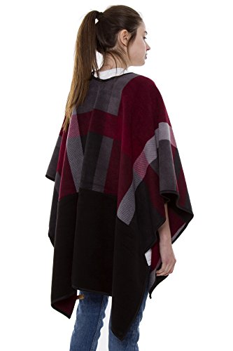 BYOS Women Winter Reversible Plaid Checked Houndstooth to Black Warm Fleece Open Front Poncho Ruana Wrap Cape (Wine Check W/Pocket)