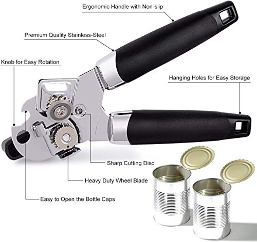 Manual Can Opener, HAUSPROFI Food Grade Stainless Steel 3-IN-1 Handy Can Bottle Openers with Smooth Edge, Non-electric Can Jar Opener Kit with Anti Slip and Ergonomic Hand Grip