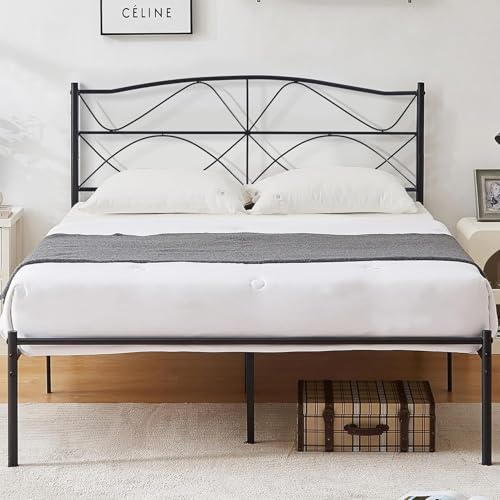 VECELO Queen Size Bed Frame, Metal Bed Platform with Headboard, Sturdy Steel Sl…