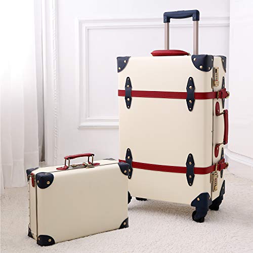 urecity Womens Luxury Vintage Trunk Luggage Set 2 Piece Cute Retro Pink Hardside Suitcase (Ivory
