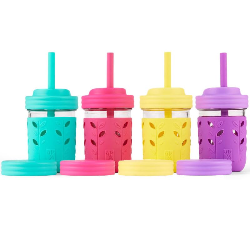 Photo 1 of Elk and Friends Kids + Toddler Glass Cups | The Original 8oz Glass Mason Jar with Sleeves + Lids | Silicone Straws + Stopper | Smoothie Cup | Food Storage | Spill Resistant | Dishwasher Safe | 4 Pack