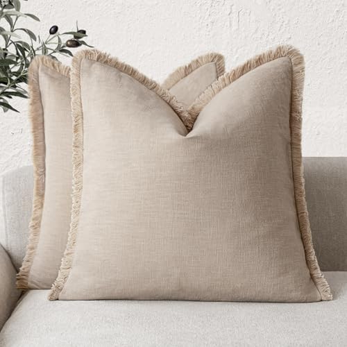 Foindtower Set van 2 decoratieve linnen sierkussenslopen met franjes, boho boerderij kussenhoes met kwastjes, accent, kussensloop voor bank, stoel, slaapbank, woonkamer, woondecoratie, 65 x 55 cm,