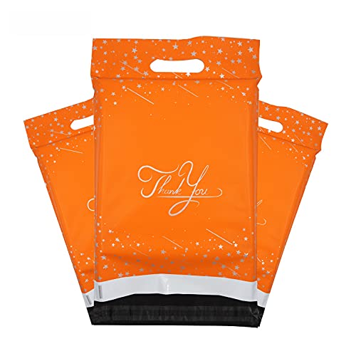 100x Designer Mailer Bag Mailing Postal Bags w/Handle for Packaging Shipping (Orange Star Thank You, 10 x 13 Inch)