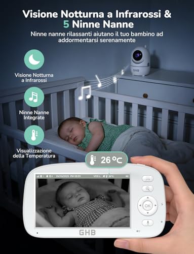 GHB Baby Monitor Video and Audio 5'' 720P Screen 5000mAh, 350°/110°, Temperature Detection, VOX, Bidirectional Intercom, Integrated Lullaby