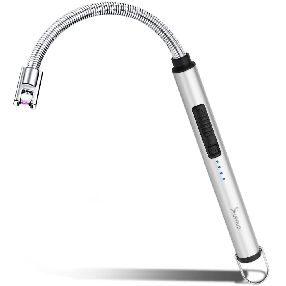 SUPRUS Candle Rechargeable Electric Arc Lighter Stainless Steel Housing & Hanging Hook with 360° Flexible Neck (Silver)