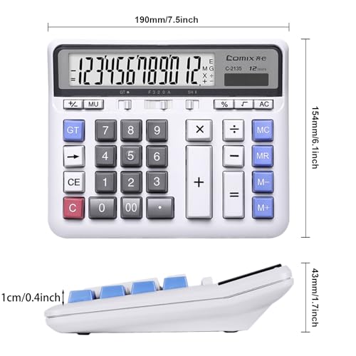 Comix Desktop Calculator Solar Battery Dual Power with 12-Digit Large LCD Display and Large Computer Keys Standard Function Calculator for Home Office School, White