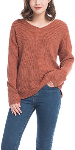 Bello Ragazza V-Neck Casual Sweater Solid Color Pullover (Orange)
