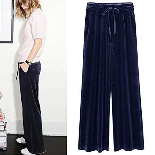 Sunmoot Wide Leg Pant for Women Plus Size Causal Loose Gold Velvet Drawstring Trousers Dark Blue