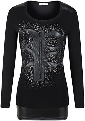 cmz2005 Women Cotton Long Sleeve O-Neck Leather Tops 69210 (S, Black)