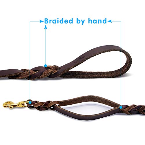 Wellbro Double handle Leather Dog Leash, 6 Foot Braided Dog Training Leash, Soft and Deluxe Pet Walking Lead with Copper Hook, For Safe Control of Medium/Large Dogs, Brown - Thumbnail 2