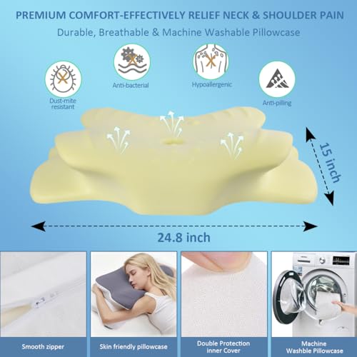 Memory Foam Pillow, Adjustable Butterfly Ergonomic Pillow, Cervical Neck Pillow for Pain Relief Contour Ergonomic Orthopedic Support Bed Pillow for Side Back Stomach Sleepers, Cooling Washable Cover