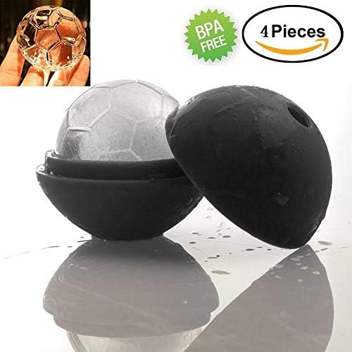 Ice Soccer Ball Molds For Bars And Kitchen Easy Release Silicone Flexible Removable Lid Lightweight Durable Spherical Dishwasher Safe Spill-Resistant 4-Pack (Black)