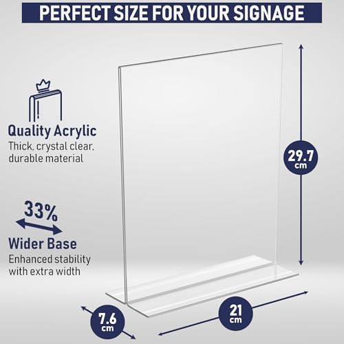 Dasher Products Acrylic Sign Holder A4 - T Stand Sheet Holder with Bottom Opening A4 Acrylic Stand for Signs, Brochure, Menu, Display, and More.Double Sided Advertising Stand (A4-6 Pack)