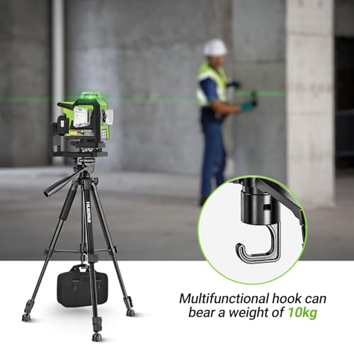 Huepar 146 cm Lightweight Portable Tripod for Laser, Adjustable Construction Tripod with 3-Way Swivel Head, Spirit Levels, 1/4 Inch and 5/8 Inch Thread Connection for Various Tools