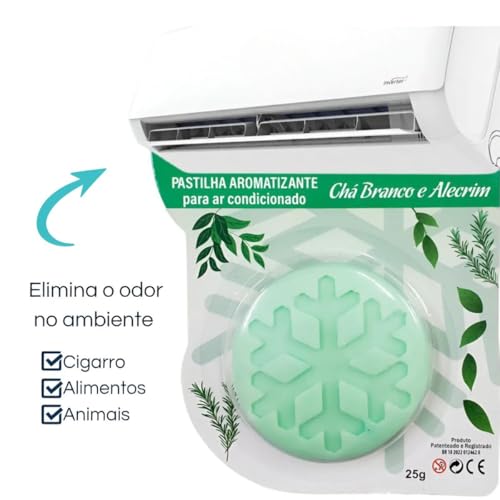 Pastilha Bactericida Aromatizante para Ar Condicionado Split – Chá Branco e Alecrim (25g) Higienizadora Ação neutralizadora de odores Aroma contínuo ELIMINA MAU CHEIRO