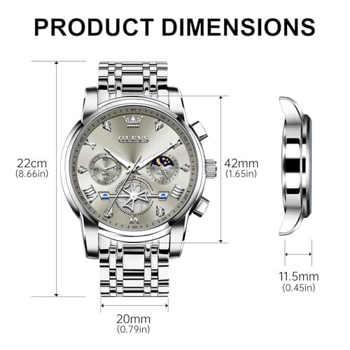 OLEVS Men Silver Watches,Men's Stainless Steel Chronograph Watch,Man Analog Quartz Big Face Male Watches Luxury Waterproof Roman Numeral Dress Diamond Relojes para Hombre