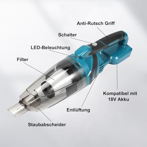 Battery Vacuum Cleaner for Makita 18 V Batteries, 10000 Pa 4-in-1 Portable Handheld Vacuum Cleaner, 140 W Cordless Vacuum Cleaner with 0.75 L Large Dust Cup, for Pet Hair, Carpets, Hard Floors, Car (without Battery)