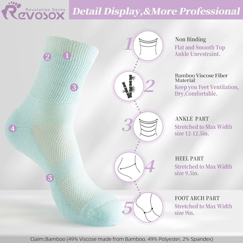 Revosoxs Diabetic Socks for Women Men,5 Pairs Bamboo Viscose Non Binding Diabetic Ankle Socks,Wide Seamless Socks 6-9 9-12