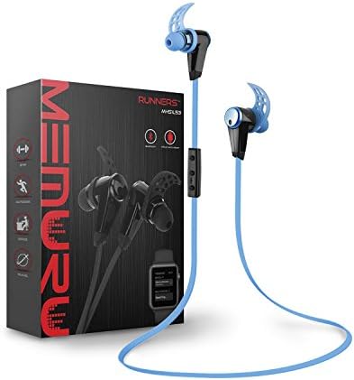 Memuru Runners Wireless Bluetooth Sport Headphones Apple Watch Ready, 8 Hours Play, Durable Sweat Proof Exterior - 5 Colors, 3 Sizes Earbuds, 3 Sizes Wings [BLUE]