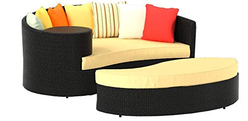 Modway Taiji Outdoor Wicker Patio Daybed with Ottoman in Brown with Orange Cushions