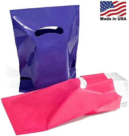 200 Premium 9"X12" Merchandise Bags (Made in USA) - Purple &amp; Pink. Glossy, Strong &amp; Durable Plastic Retail Shopping Bags with Handles. Perfect for Store Boutique Gift Promotion Party Favor Events