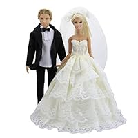 BJDBUS Wedding Set Beige Dress Bridal Veil and Groom Formal Suit Outfit for Boys Girl Doll Clothes