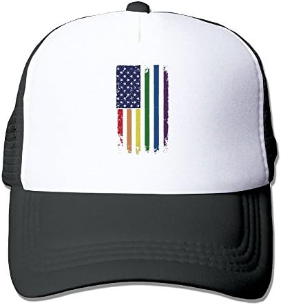 Anraglan Rainbow American Flag Gay Pride Unisex Baseball Trucker Hat Cap Black
