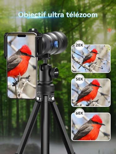 APEXEL Longue-vue Professionnelle 20-60X pour Ornithologie avec Adaptateur Smartphone - Équivalent 480-1440mm, Zoom Compact