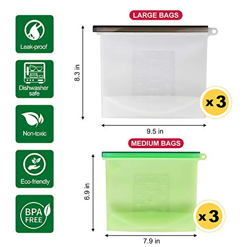 Chrider Reusable Silicone Food Storage Bags (Set of 6) - 3xLarge 50oz, 3xMedium 30oz, Leakproof Food Grade Silicone bags for Vegetable, Liquid, Snack, Meat, Sandwich