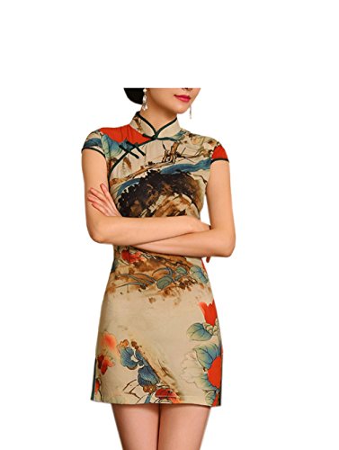 XueXian(TM) Women's Flower Print Vintage Mini Summer Qipao Short Cheongsam Chinese Dress