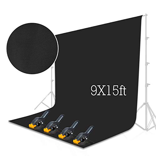 Emart Black Backdrop Background Screen 9 x 15 ft Muslin Photo Video Backdrop Studio, 4 x Backdrop Clamp Included