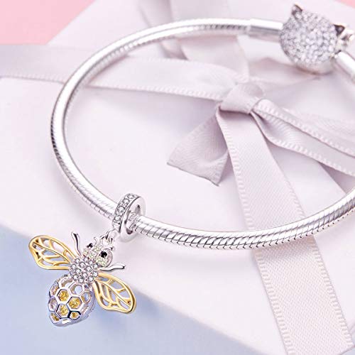 BAMOER Bee Charm Sterling Silver Charm Honey Bee Bracelet Necklace Lovely Lucky Charms Pendant Bee DIY Jewelry for Women