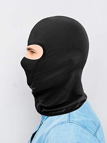 Person wearing a black balaclava with a face design, suitable for summer season, priced at $18.99.