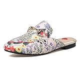 Comfity Mules for Women，Womens Leather Slip On Mule Flats Embroidery Backless Loafers Slippers Shoes