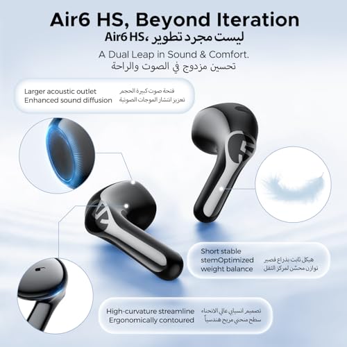 SOUNDPEATS Air6 HS BT 6.0 Wireless Earbuds, Semi-in-Ear Bluetooth Earphones with 13mm Triple-Magnet Bio-Composite Driver, LDAC & Hi-Res Audio, 45H Playtime, 4-Mic Noise Cancelling, IPX5, Fast Charge