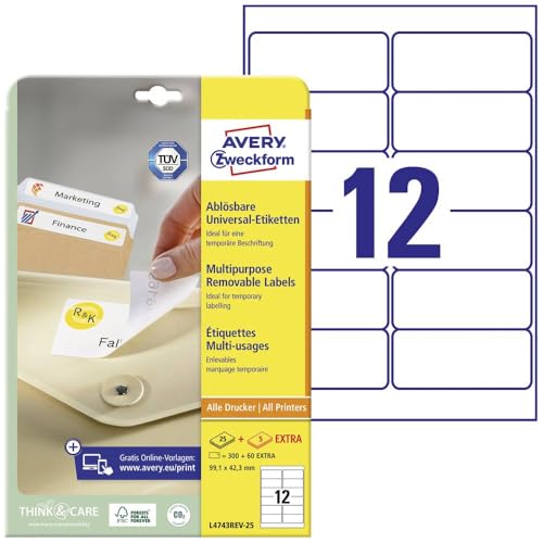 AVERY Zweckform L4743REV-25 Universal Etiketten (300 plus 60 Klebeetiketten extra, 99,1x42,3mm auf A4, wieder rueckstandsfrei abloesbar/abziehbar, bedruckbar, selbstklebende Aufkleber) 30 Blatt, weiss