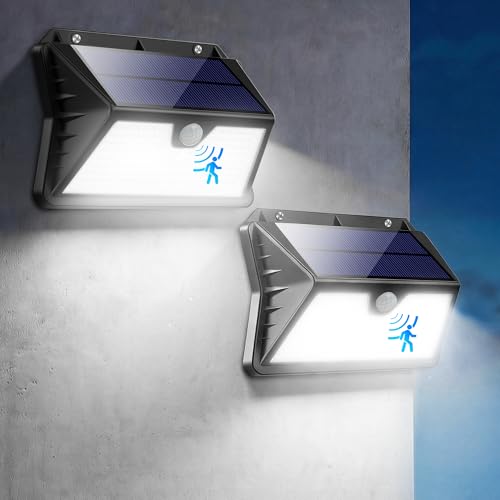 Solarlampen für Außen mit Bewegungsmelder 2 Stück, 185 LED Solarleuchten für Außen 3 Modi LED Solarleuchten für Aussen IP65 Wasserdichte Superhelle Solar Wandleuchten für Außen Garten (Kaltes Weiß)