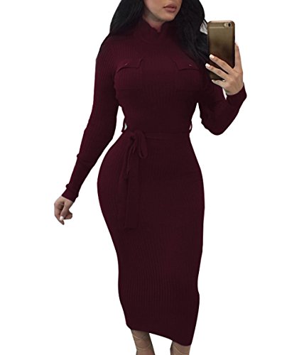 Monzocha Long Bodycon Dress for Women High-Neck Long Sleeve Ribbed Sexy Maxi Dresses