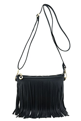 Small Fringe Crossbody Bag with Wrist Strap Black