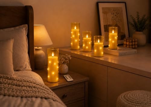 5 Candele LED Champagne con Luci Fatate Avvolgenti, Copertura Vetro Trasparente, Fiamma Tremolante Realistica, Resistenti al Caldo, 1 Telecomando per Decorazioni Interno ed Esterno